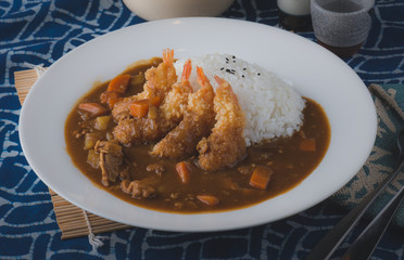 Japanese curry and fried shrimps rice.