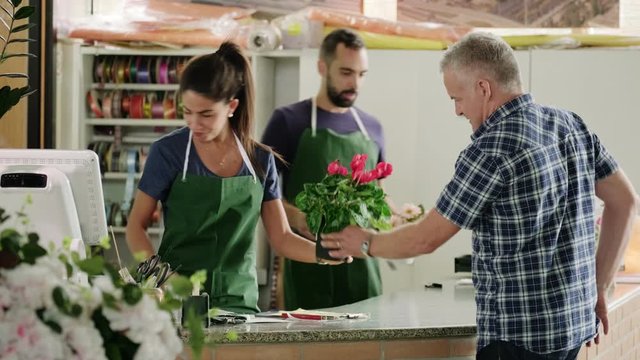 Busy young woman working as florist in flower shop. Sales assistant at cash register talking to client buying plant. Customer paying with credit card in store and speaking to business owner