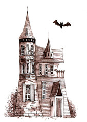 Old victorian house with bat. Hand drawn ink pen illustration.