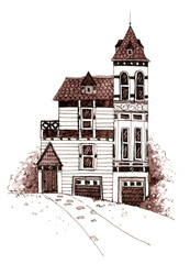 Old victorian house with trees. Hand drawn ink pen illustration.