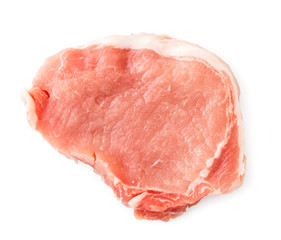 Piece of raw meat with veins close-up on a white background. The view of the top.