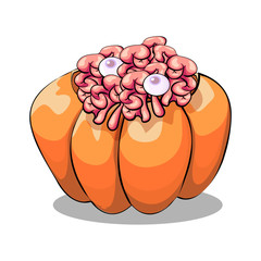 Brains with eyes in a pumpkin. Sticker icon for Halloween. Vector illustration.