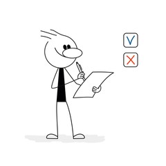 Doodle stick figure: Man or businessman  hold a sheet of paper, fills a test. Hand drawn cartoon vector illustration for business design and infographic.