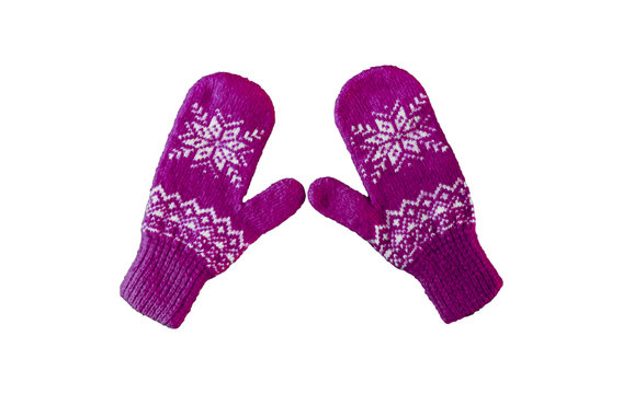 pair of purple knitted mittens with christmas pattern isolated on