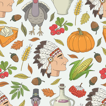 Vector hand drawn Thanksgiving seamless pattern. Light background with different objects symbolizing the holiday