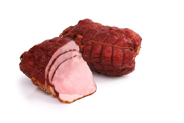 Ham. Smoked, boneless pork ham in netting. Cold cuts made of pork meat. Isolated on a white...