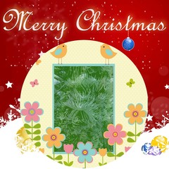 Merry christmas card with flowers and colourful abstract background