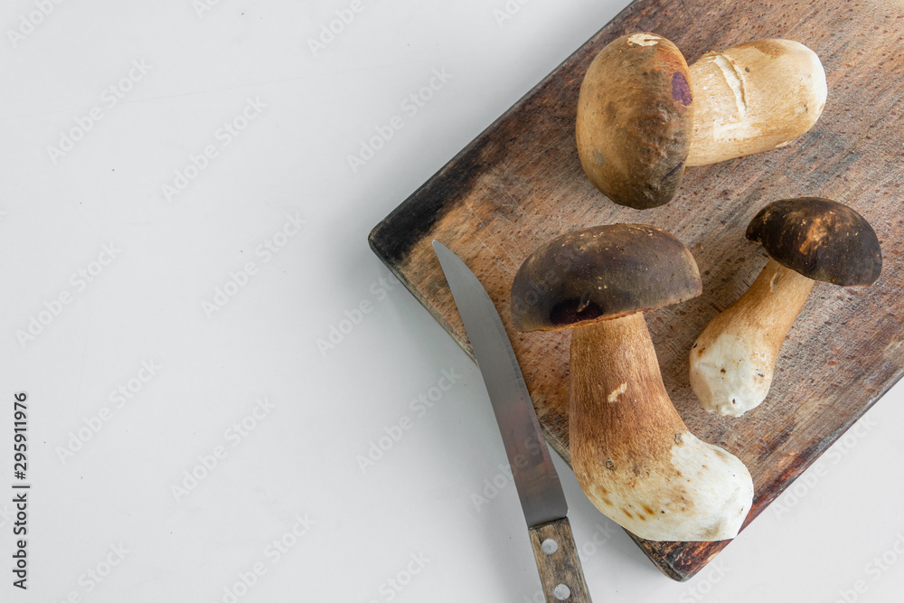 Wall mural cooking boletus edible (porcini) mushrooms, white background, space for text