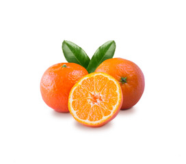 Ripe and tasty tangerines isolated on white background. Fresh clementines with copy space for text. Mandarin slice isolated on white background.