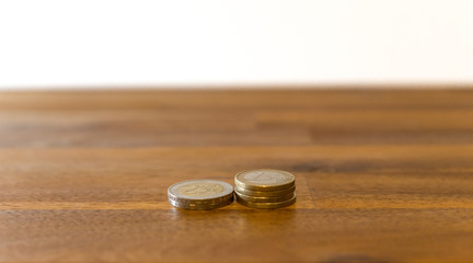 coins on a wooden table, savings concept