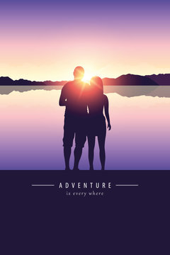 romantic couple silhouette by the lake at sunset vector illustration EPS10
