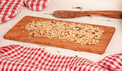 Organic rice integral on background white wooden lovely classic cooking concept