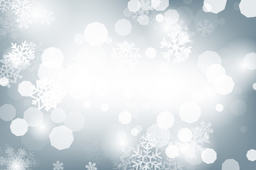 Winter glowing background. Vector holiday banner with lights, bokeh and snowflakes. Seasonal soft backdrop.