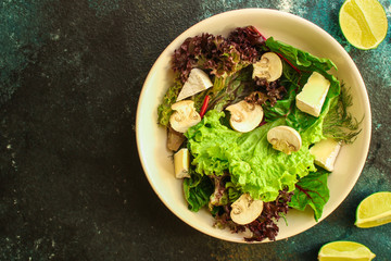 healthy salad mushrooms, cheese and green leaves (snack dish, vegetables, arugula, lettuce, spinach and more) menu concept. food background. copy space. Top view