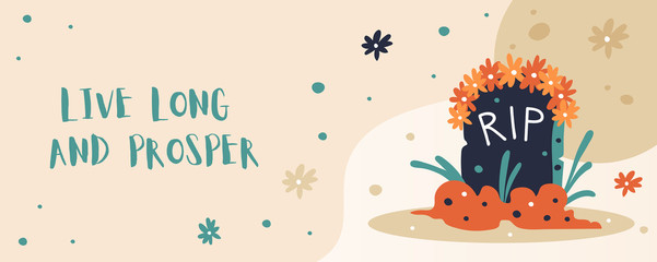 Halloween Banner with gravestone and flowers. Website banner template.Vector illustration.