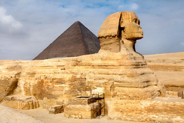 View of the Sphinx and Pyramid of Khafre near Cairo city, Egypt