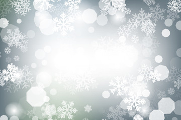 Winter glowing background. Vector holiday banner with lights, bokeh and snowflakes. Seasonal soft backdrop.