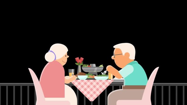 Elderly Couple Eating animation, old couple enjoy eating having diner fullHD with alpha channel