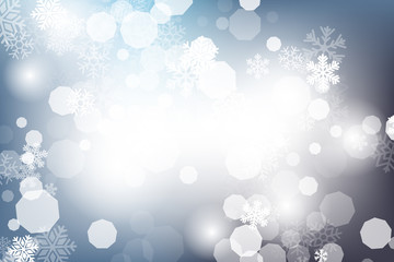 Winter glowing background. Vector holiday banner with lights, bokeh and snowflakes. Seasonal soft backdrop.