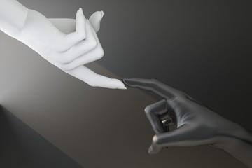 white hand touches finger on black hand