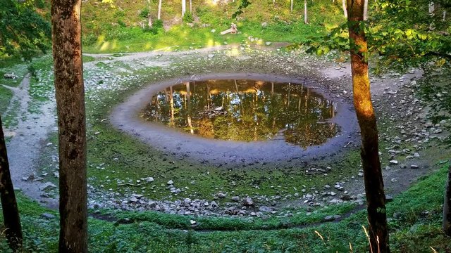 Kaali field rear sighting of meteorite crater pond formation, Estonia, panning wide shot 