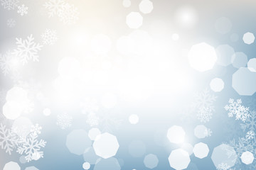 Winter glowing background. Vector holiday banner with lights, bokeh and snowflakes. Seasonal soft backdrop.