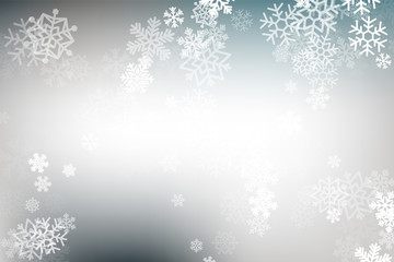 Winter glowing background. Vector holiday banner with lights, bokeh and snowflakes. Seasonal soft backdrop.