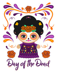 Day of the Dead Classic Mexican Catrina Doll and ornaments vector illustration.