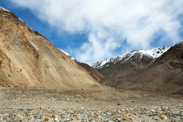 View landscape with Himalayas mountains between Diskit - Turtok Highway and Pangong lake road go to Pangong Tso high grassland lake while winter season at Leh Ladakh in Jammu and Kashmir, India