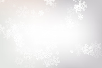 Winter glowing background. Vector holiday banner with lights, bokeh and snowflakes. Seasonal soft backdrop.