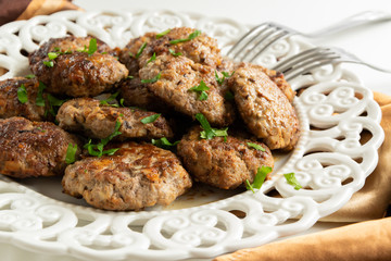 Top view of ready to eat meatballs with porcini mushrooms (edible Boletus)