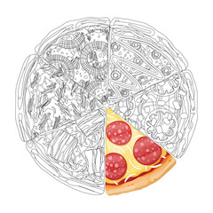 Pizza from different slices top view isolated on white photo-realistic and coloring vector illustration.