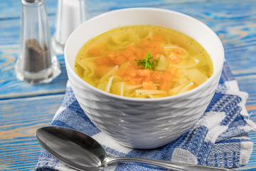 Broth - chicken soup in a bowl.