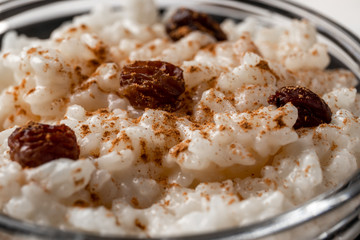 Peruvian rice with milk dessert with cinnamon, Traditional sweet food.  Arroz con leche.