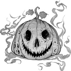 Black and white vector illustration for Halloween: rotten pumpkin lantern