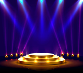 Stage podium with lighting, Stage Podium Scene with for Award Ceremony on blue Background. - obrazy, fototapety, plakaty