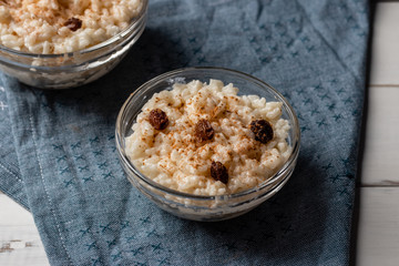 Peruvian rice with milk dessert with cinnamon, Traditional sweet food.  Arroz con leche.