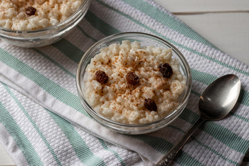 Peruvian rice with milk dessert with cinnamon, Traditional sweet food.  Arroz con leche.