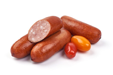 German traditional smoked sausages, isolated on white background