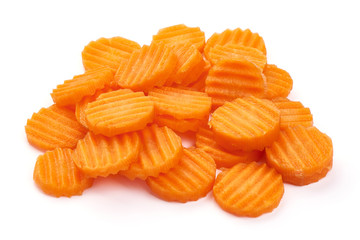 Sliced raw fresh carrots, ingredients for cooking, isolated on white background