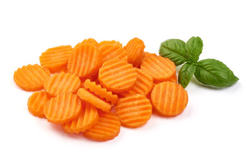 Sliced raw fresh carrots, ingredients for cooking, isolated on white background