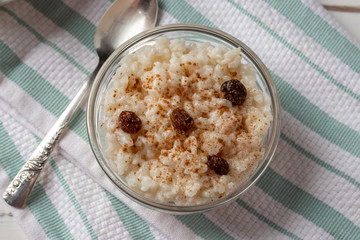 Peruvian rice with milk dessert with cinnamon, Traditional sweet food.  Arroz con leche.