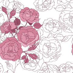 Seamless floral pattern with tender pink roses on white background. Drawing flowers and buds vector illustration