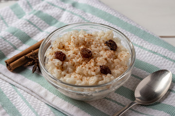 Peruvian rice with milk dessert with cinnamon, Traditional sweet food.  Arroz con leche.