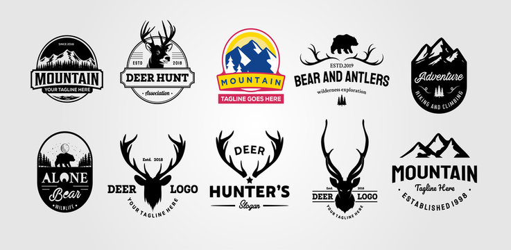 Set of vector hunting and outdoor adventures vintage logo designs illustration