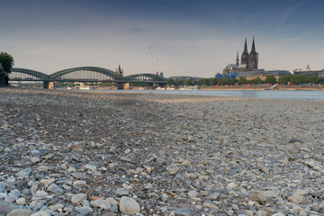 COLOGNE, GERMANY - JULY 20, 2018: Prolonged drought in Germany, low water of the Rhine river in...