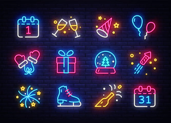 Big collectin New Year neon signs. Happy New Year Neon Icons Vector. Merry Christmas icons lights design template, modern trend design, night light signboard, night bright advertising. Vector © Ivan