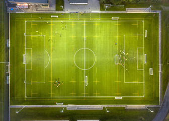 Aerial view of soccer field at night