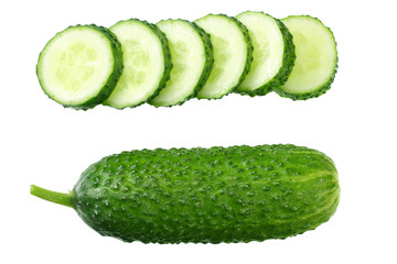 fresh cucumber slices isolated on white background. top view