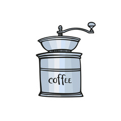 Colorful old coffee grinder sketch. Hand drawn illustration. Line art. Vintage coffee mills vector illustration. Isolated on white background.